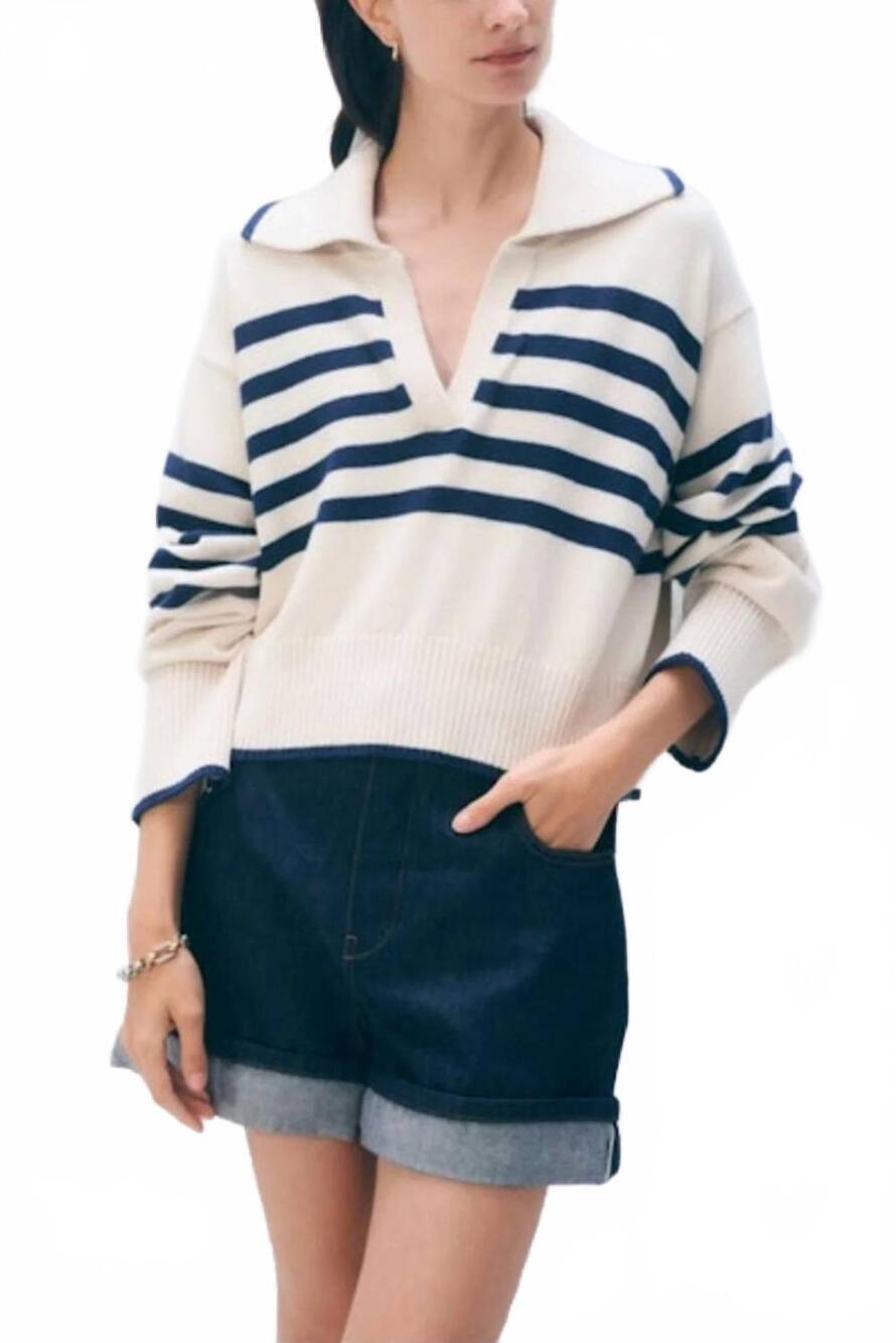 NEW WHITE + WARREN varsity cotton striped polo in ivory organic